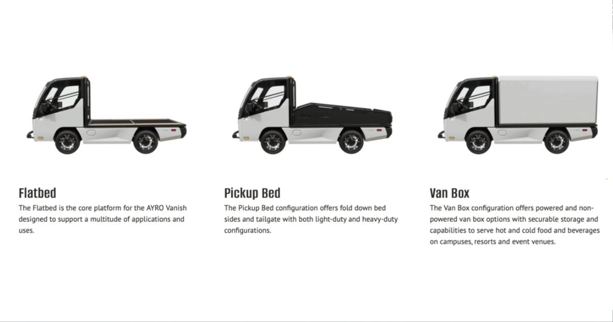 AYRO Vanish: First US-Crafted Electric Mini-Truck Starts Street-Legal Process 3 Ayro Vanish LSEV Configurations