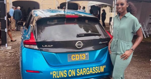 Nissan Leaf modified to run on sargassum seaweed biofuel.